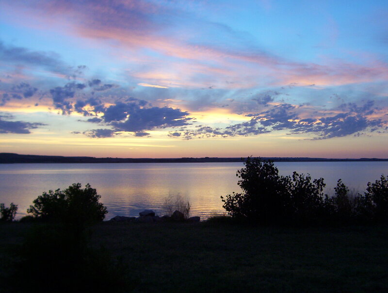 Sunset over Lake — Blue, Serene, Photograph, Clouds, Trees, Water, Purple