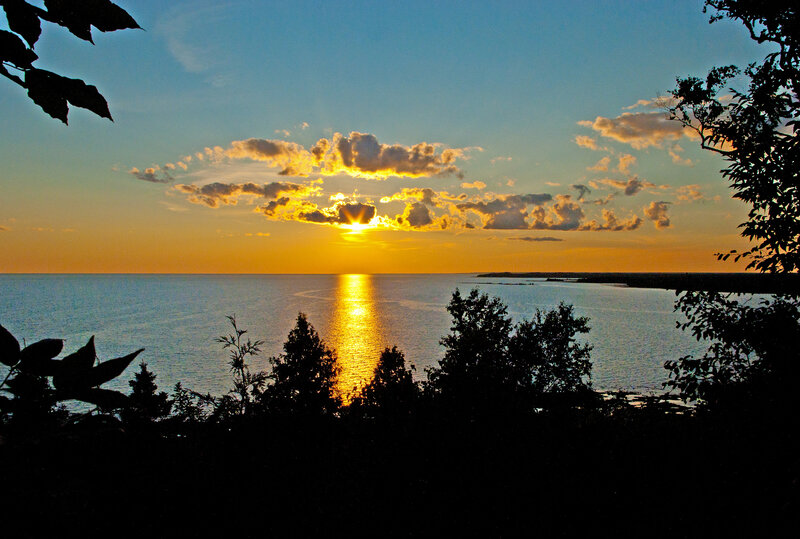 Sunset over Lake — Blue, Serene, Photograph, Clouds, Trees, Water