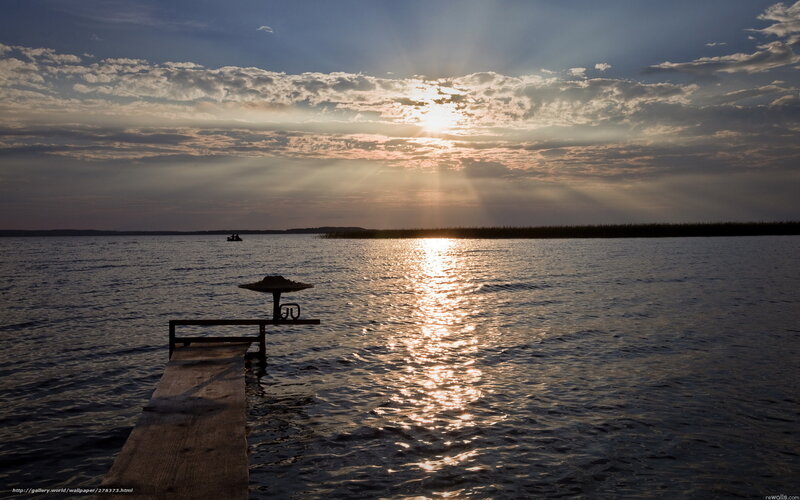 Sunset over Lake — Blue, Serene, Photograph, Dock, Boat