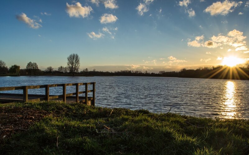 Sunset over Lake — Blue, Serene, Photograph, Dock