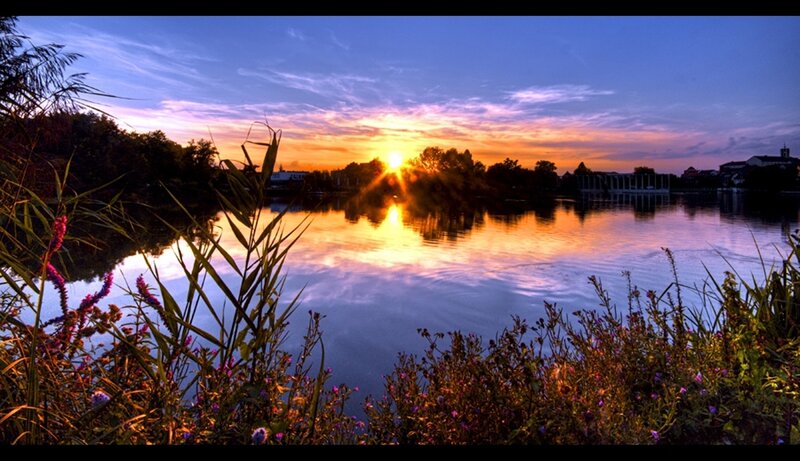 Sunset over Lake — Blue, Serene, Photograph, Flowers