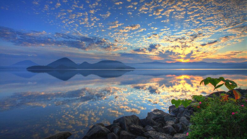 Sunset over Lake — Blue, Serene, Photograph, Mountains, Clouds