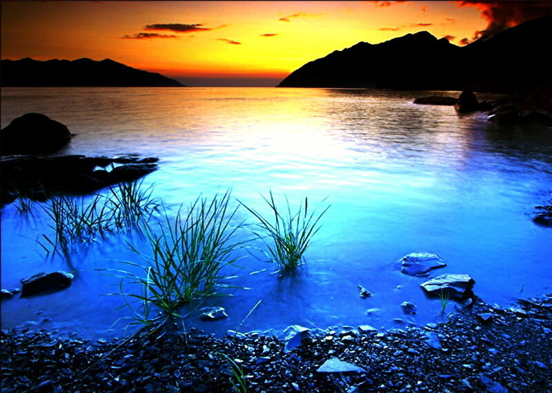 Sunset over Lake — Blue, Serene, Photograph, Mountains, Grass