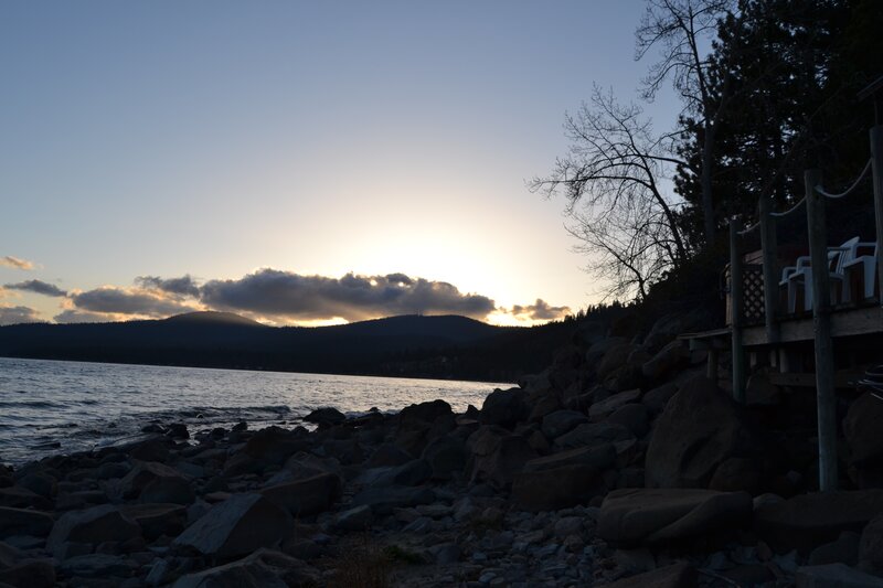 Sunset over Lake — Blue, Serene, Photograph, Mountains, Rocks