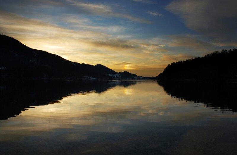Sunset over Lake — Blue, Serene, Photograph, Mountains, Sky