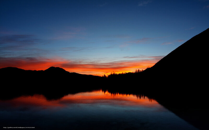 Sunset over Lake — Blue, Serene, Photograph, Mountains, Trees, Sky