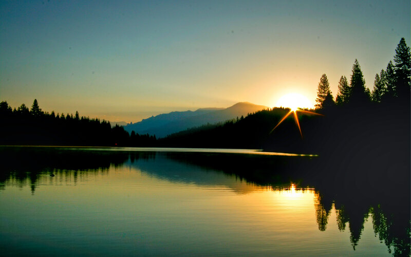 Sunset over Lake — Blue, Serene, Photograph, Mountains, Trees