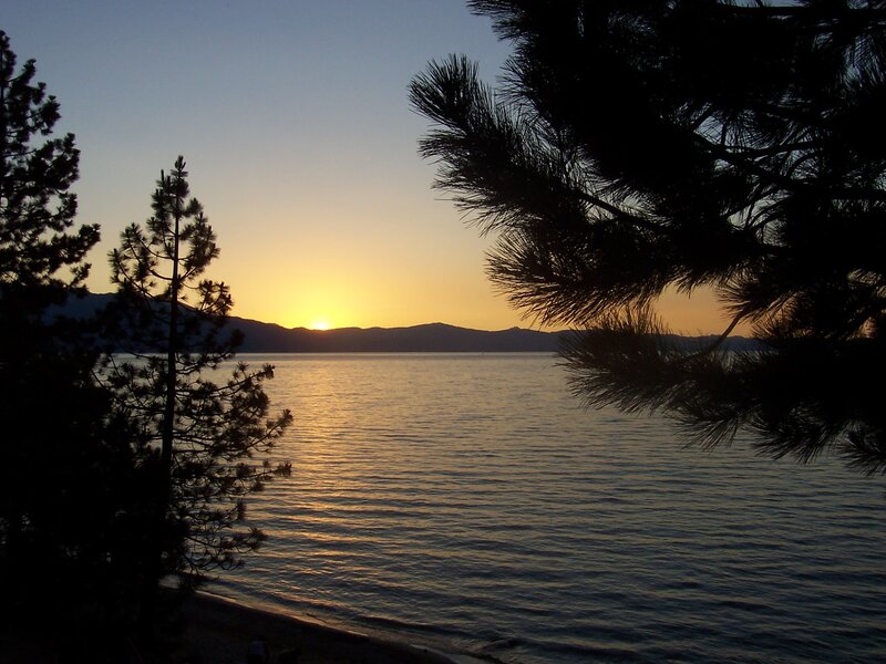 Sunset over Lake — Blue, Serene, Photograph, Pine Trees