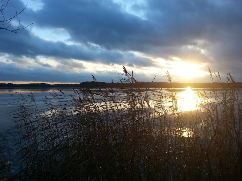 Sunset over Lake — Blue, Serene, Photograph, Reeds, Clouds