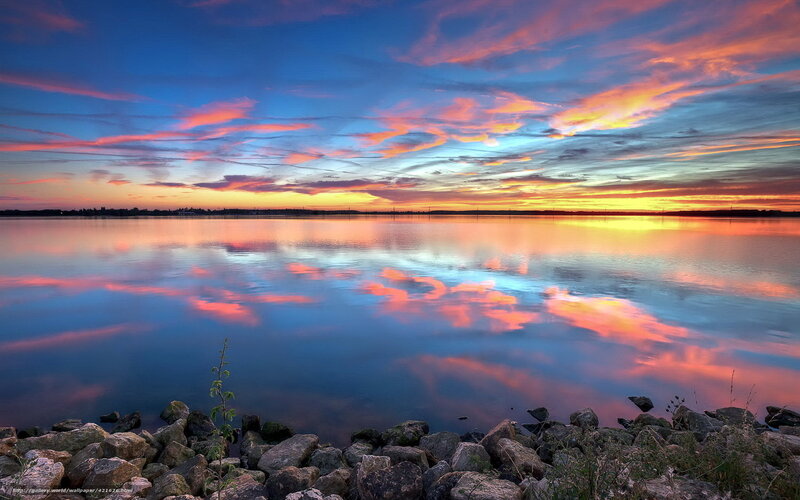 Sunset over Lake — Blue, Serene, Photograph, Rocks, Clouds
