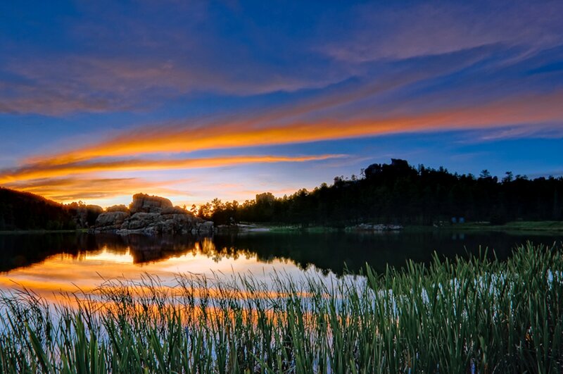 Sunset over Lake — Blue, Serene, Photograph, Rocks