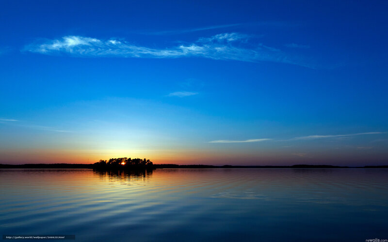 Sunset over Lake — Blue, Serene, Photograph, Sky, Clouds, Island