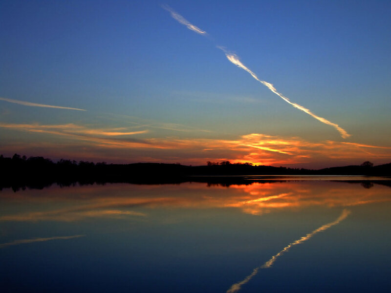 Sunset over Lake — Blue, Serene, Photograph, Sky, Clouds, Trees