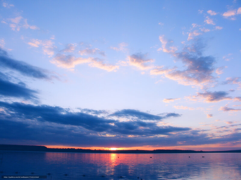 Sunset over Lake — Blue, Serene, Photograph, Sky, Clouds, Water, Trees