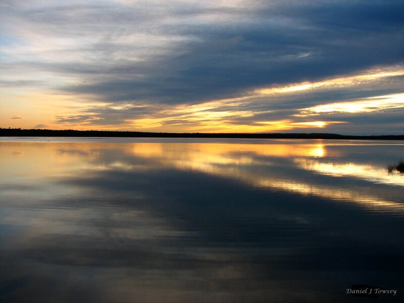 Sunset over Lake — Blue, Serene, Photograph, Sky, Clouds, Water, Trees, Yellow