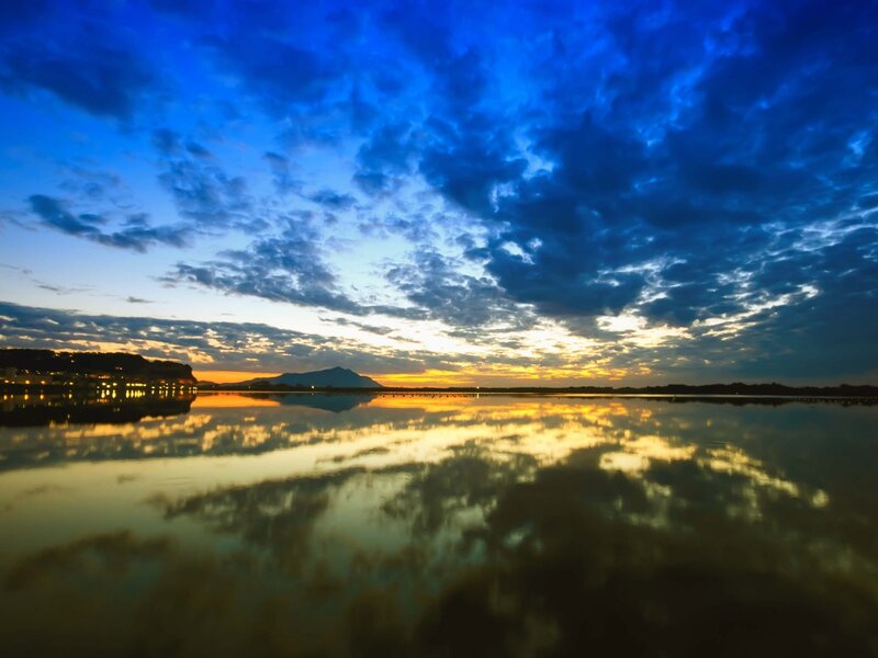 Sunset over Lake — Blue, Serene, Photograph, Sky, Mountain