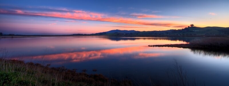 Sunset over Lake — Blue, Serene, Photograph, Sky, Mountains