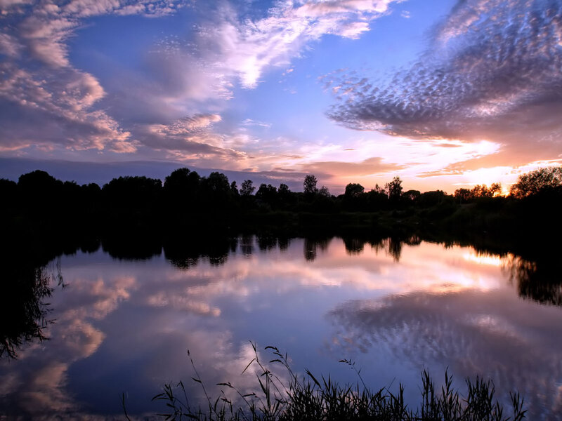 Sunset over Lake — Blue, Serene, Photograph, Sky, Trees, Grass