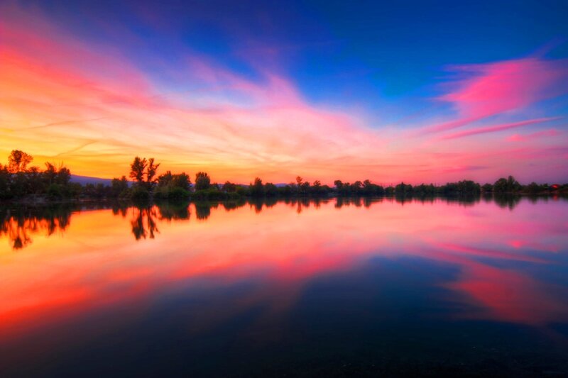 Sunset over Lake — Blue, Serene, Photograph, Sky, Trees, Reflection