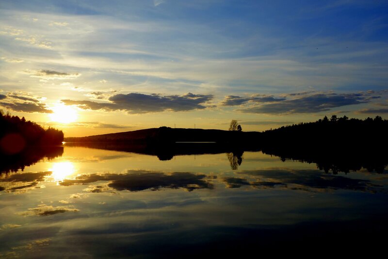 Sunset over Lake — Blue, Serene, Photograph, Sun, Clouds