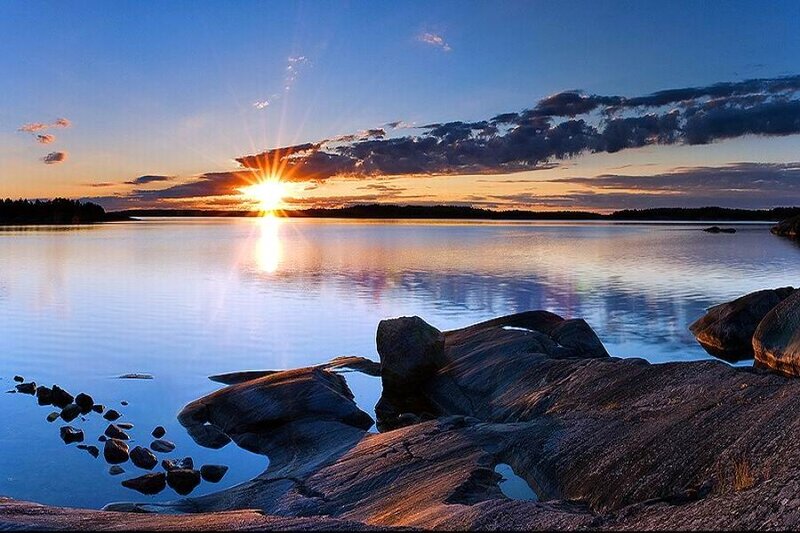 Sunset over Lake — Blue, Serene, Photograph, Sun, Rocks