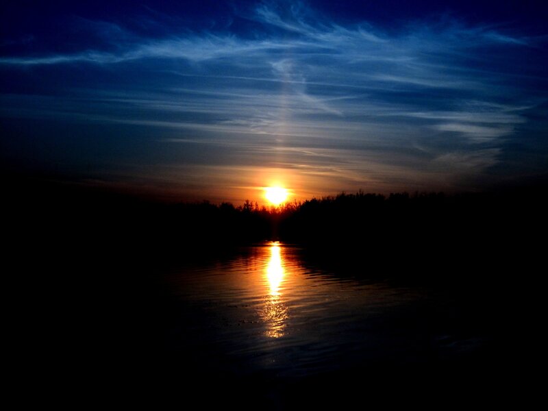 Sunset over Lake — Blue, Serene, Photograph, Sun, Trees, Sky