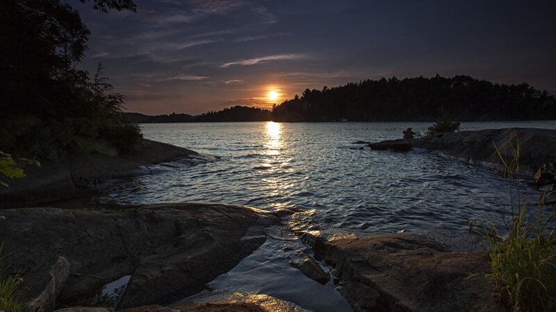 Sunset over Lake — Blue, Serene, Photograph, Sun, Water