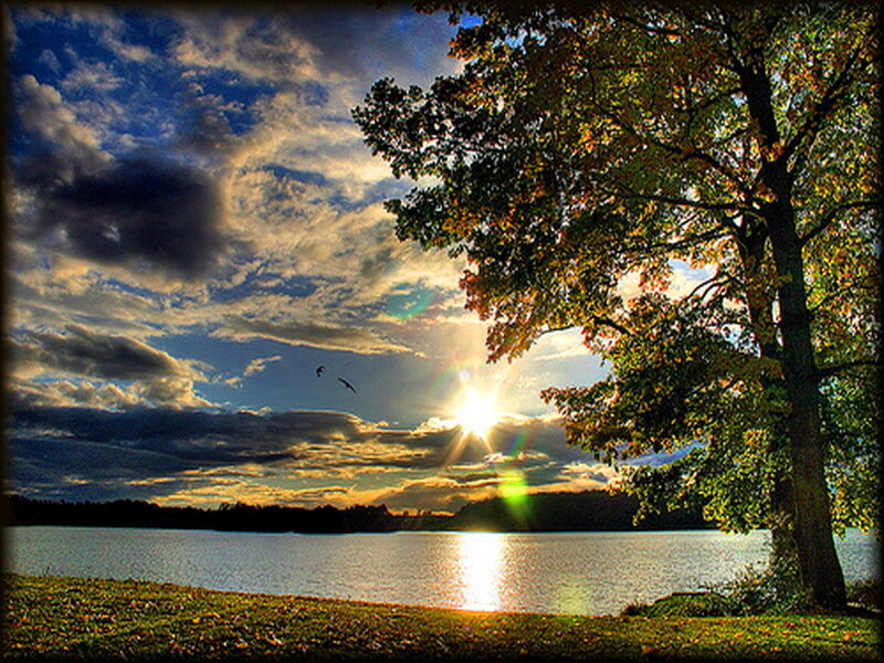 Sunset over Lake — Blue, Serene, Photograph, Tree, Clouds