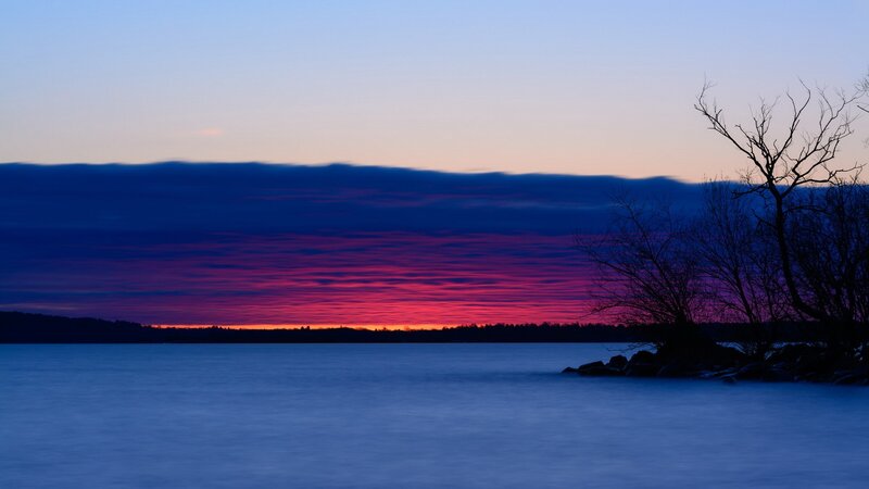 Sunset over Lake — Blue, Serene, Photograph, Tree, Clouds, Water