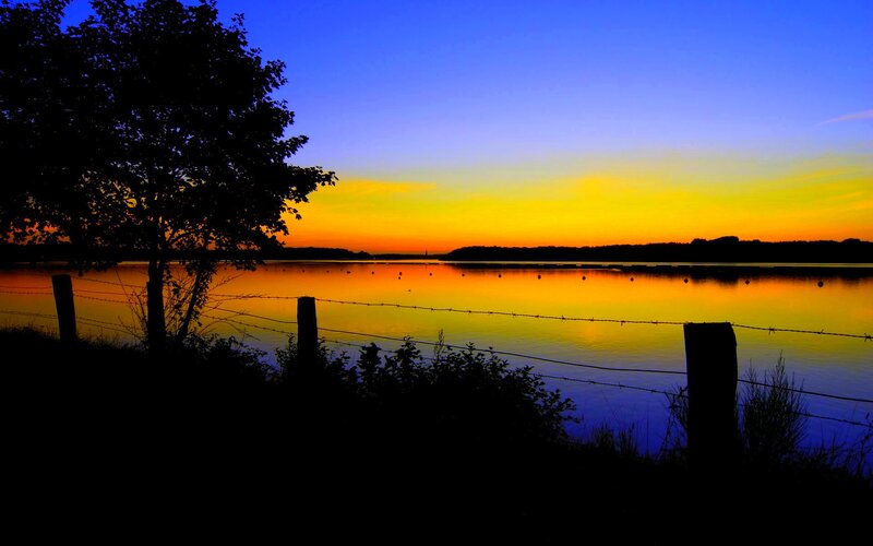 Sunset over Lake — Blue, Serene, Photograph, Tree, Fence