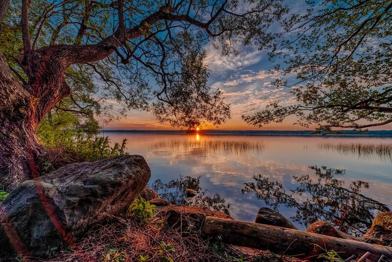 Sunset over Lake — Blue, Serene, Photograph, Tree, Rock