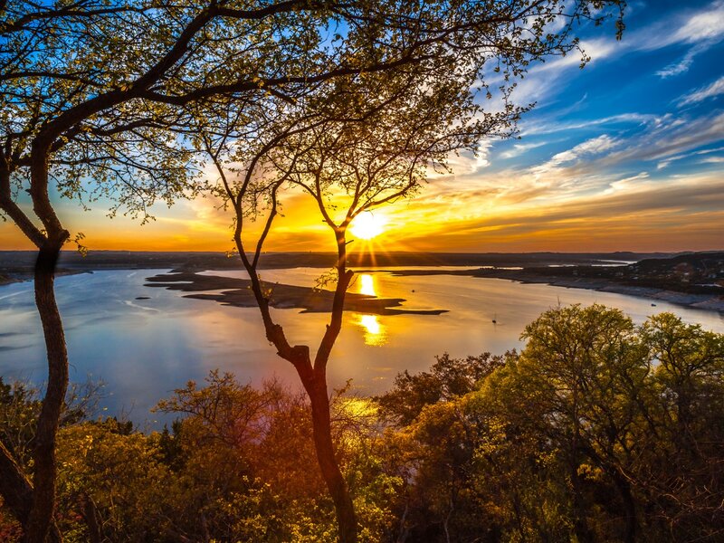 Sunset over Lake — Blue, Serene, Photograph, Tree, Sky