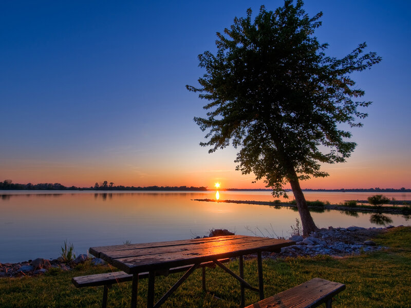 Sunset over Lake — Blue, Serene, Photograph, Tree