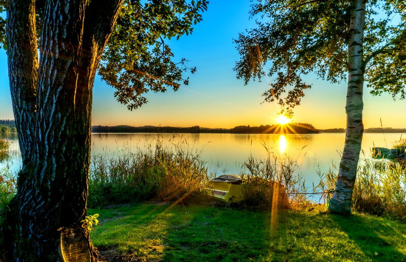 Sunset over Lake — Blue, Serene, Photograph, Trees, Boat