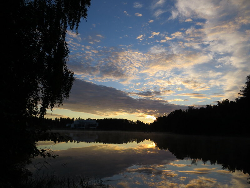 Sunset over Lake — Blue, Serene, Photograph, Trees, Clouds, Building