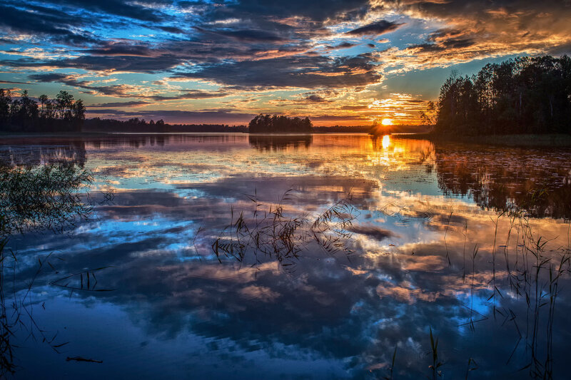 Sunset over Lake — Blue, Serene, Photograph, Trees, Clouds, Reeds