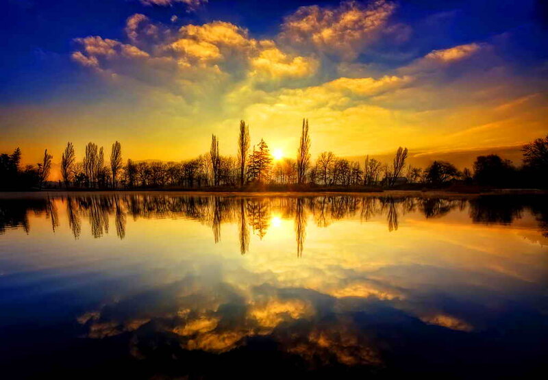Sunset over Lake — Blue, Serene, Photograph, Trees, Clouds, Reflection