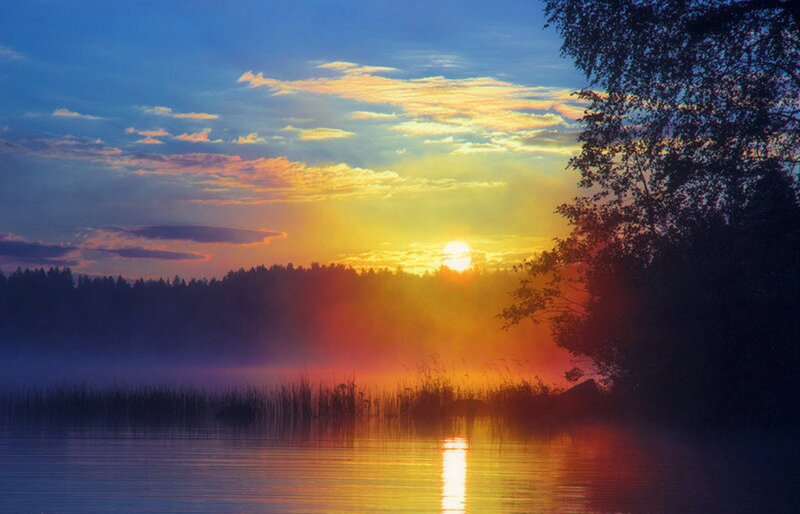 Sunset over Lake — Blue, Serene, Photograph, Trees, Clouds, Sun, Mist