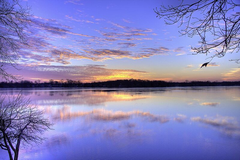 Sunset over Lake — Blue, Serene, Photograph, Trees, Clouds