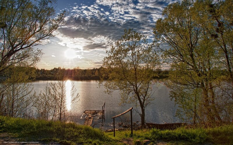 Sunset over Lake — Blue, Serene, Photograph, Trees, Dock, Clouds