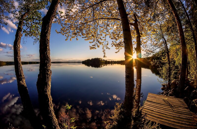 Sunset over Lake — Blue, Serene, Photograph, Trees, Dock, Sun