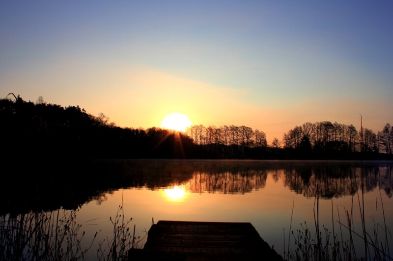 Sunset over Lake — Blue, Serene, Photograph, Trees, Dock