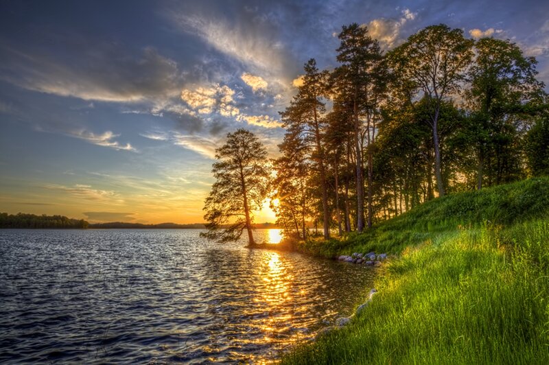 Sunset over Lake — Blue, Serene, Photograph, Trees, Grass