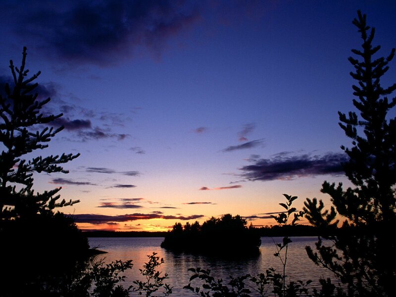 Sunset over Lake — Blue, Serene, Photograph, Trees, Island, Clouds