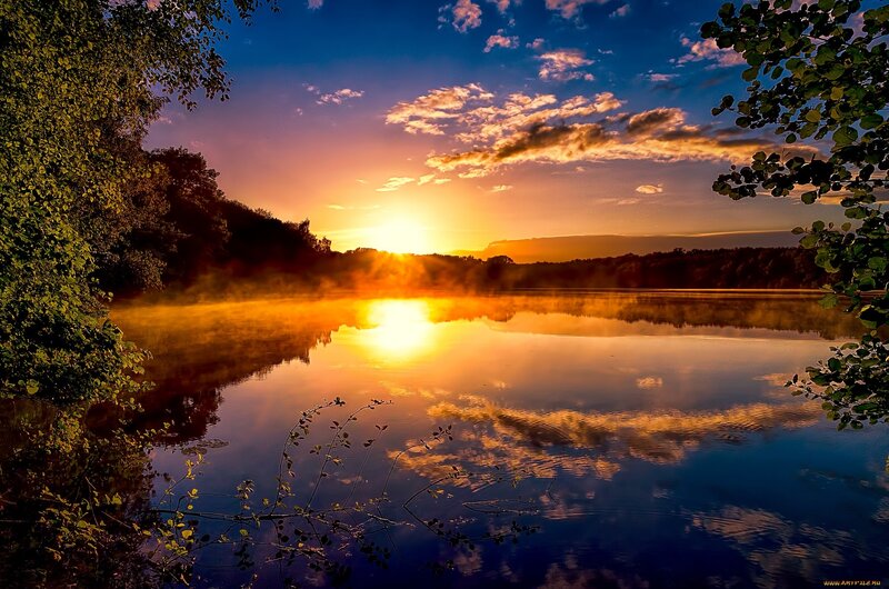 Sunset over Lake — Blue, Serene, Photograph, Trees, Mist