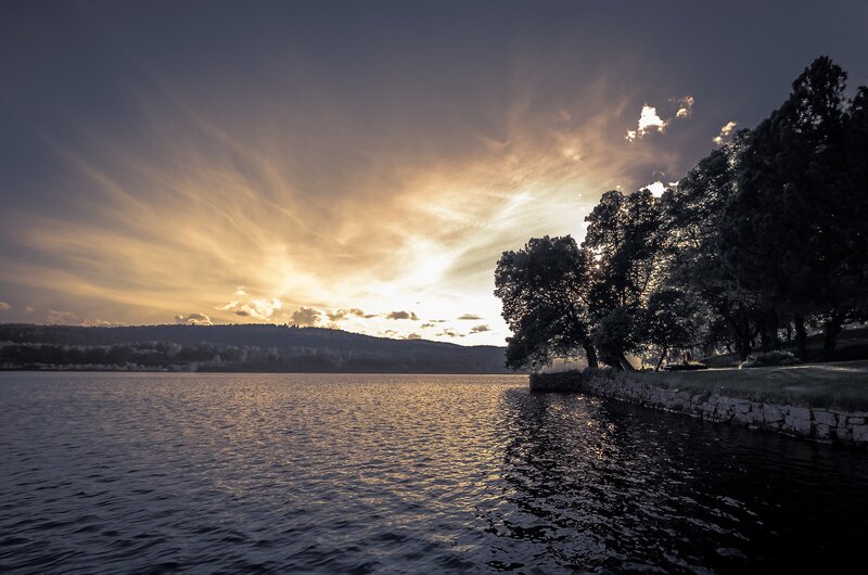Sunset over Lake — Blue, Serene, Photograph, Trees, Mountain, Sky