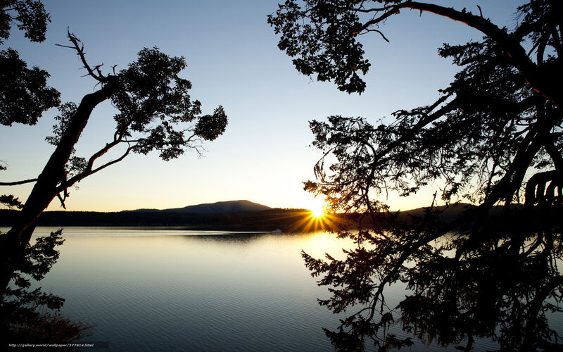Sunset over Lake — Blue, Serene, Photograph, Trees, Mountain, Sun