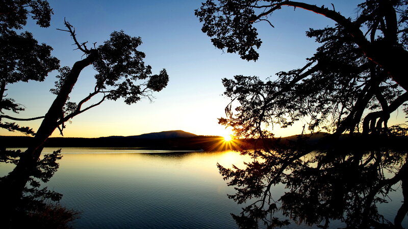 Sunset over Lake — Blue, Serene, Photograph, Trees, Mountain