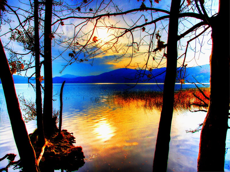Sunset over Lake — Blue, Serene, Photograph, Trees, Mountains, Sun