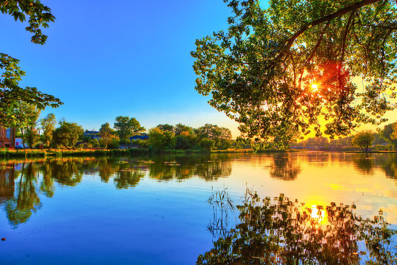 Sunset over Lake — Blue, Serene, Photograph, Trees, Reflection